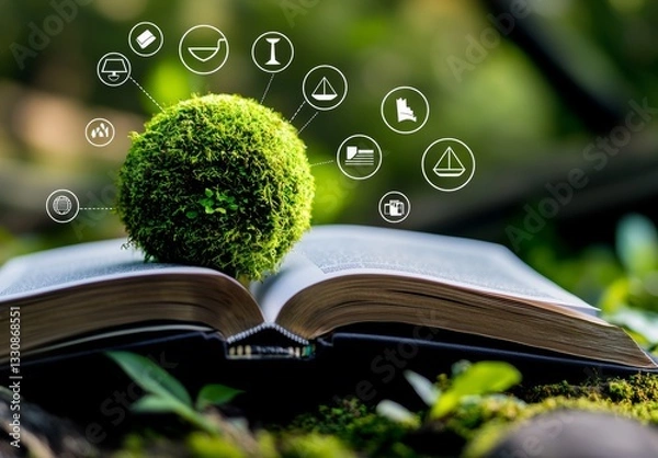 Fototapeta Green Moss Sphere Resting on Open Book Surrounded by Nature Icons