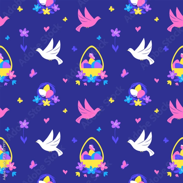 Obraz Easter seamless pattern with basket of eggs, birds and flowers on dark blue background,. Vector illustration in modern flat style, Great for Easter design, wrapping paper, fabric, textiles, wallpapers