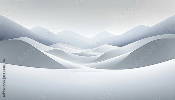 Fototapeta Serene minimalist winter landscape; snow-covered dunes and distant mountains under a pale sky, evoking calm and tranquility.