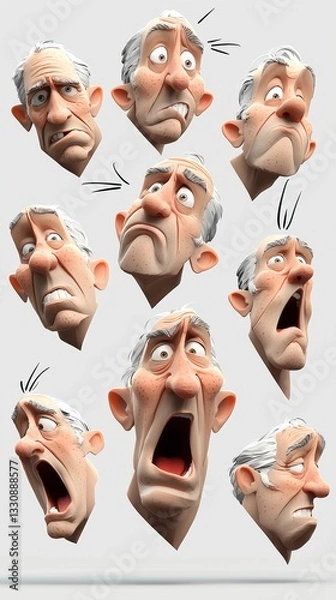 Fototapeta Nine 3D Rendered Senior Male Faces Showing Varied Emotions