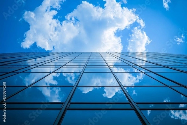 Obraz The glass curtain wall of this tall building is particularly spectacular, reflecting the blue sky and white clouds


