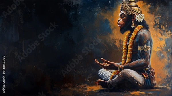 Fototapeta Lord Hanuman Meditating in a Serene Half-Length View Against a Dark Background, Symbolizing Spiritual Power and Devotion