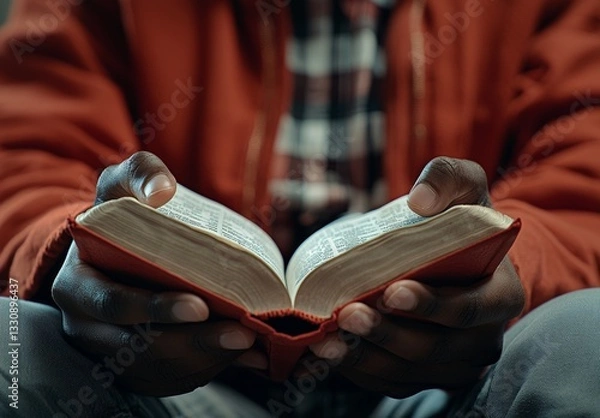 Fototapeta Person Reading a Red Book in Low Light