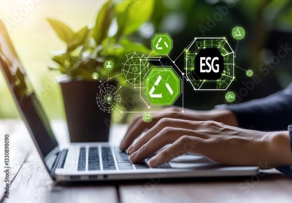 Fototapeta Person Typing on Laptop with ESG and Recycling Icons on Screen
