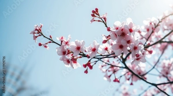 Fototapeta Delicate spring flowers bloom brightly against a clear blue sky, embodying nature's renewal and freshness in an uplifting display of petals and sunlight