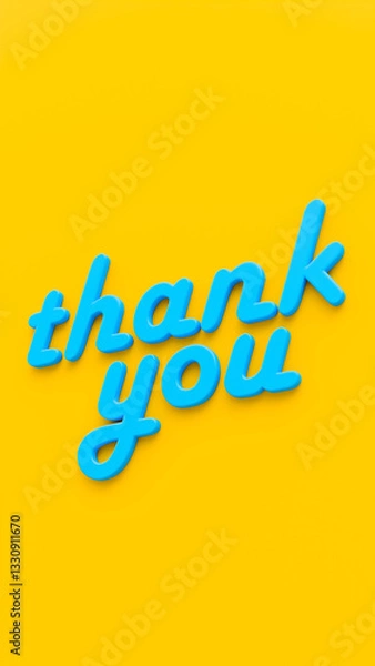 Fototapeta Blue thank you message on a yellow stage, a theme of joy and gratitude, 3D illustration