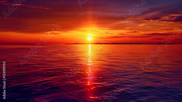 Fototapeta Breathtaking fiery red sunset reflecting on calm ocean waters with dramatic clouds