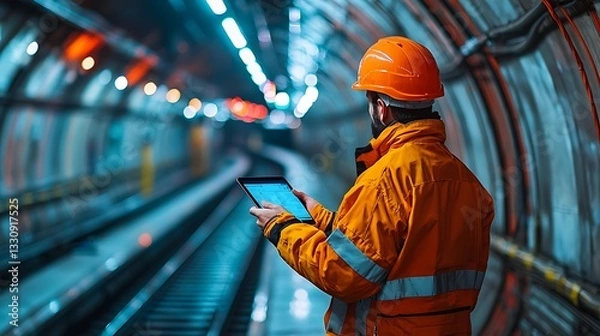 Fototapeta Technology and railway industry fusion depicted by an engineer using a tablet computer on an underground platform, symbolizing modern infrastructure management.