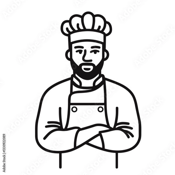 Fototapeta Professional chef icon with beard and crossed arms. Outline vector of a confident restaurant chef