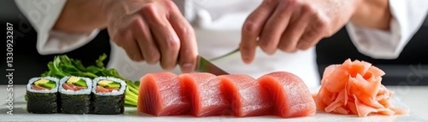 Fototapeta A chef skillfully slices fresh sushi ingredients, including tuna, ginger, and rolls, showcasing culinary expertise and vibrant colors.