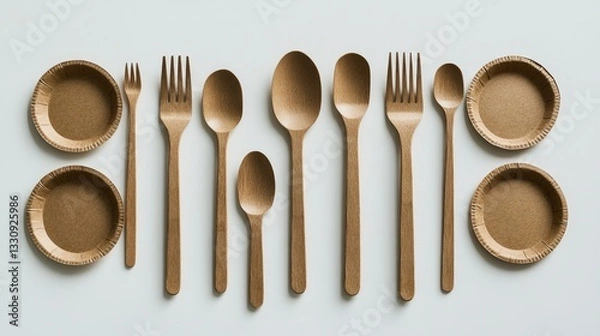 Fototapeta Sustainable wooden forks, knives, and spoons arranged neatly on biodegradable paper plates. Minimal waste lifestyle.