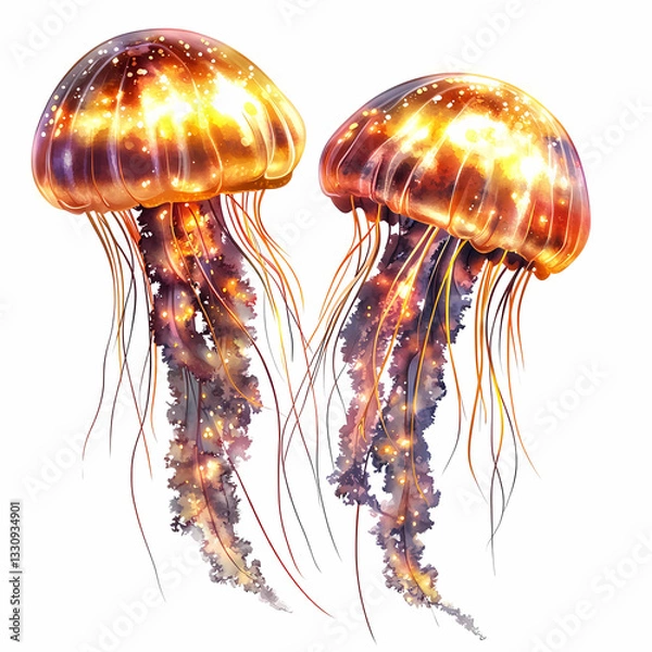 Fototapeta Two glowing jellyfish with long tentacles