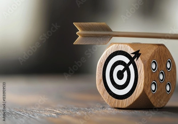 Fototapeta Wooden Dice with Target and Arrow: Achieving Business Goals