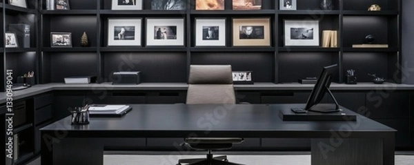 Fototapeta A modern and sophisticated home office with dark shelving and desk