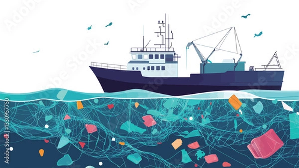 Fototapeta A vector illustration depicting a fishing vessel floating on the surface of the ocean.  The ocean's surface is relatively clean, while below the waterline a significant amount of plastic debris and