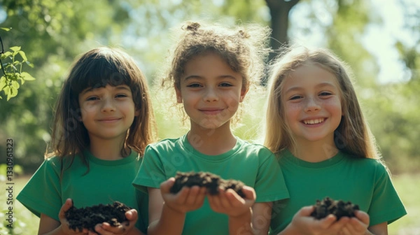Fototapeta Happy children at a nature-focused summer camp engaging in hands-on gardening activities, promoting teamwork, sustainability, and environmental awareness outdoors. Image made using Generative AI.
