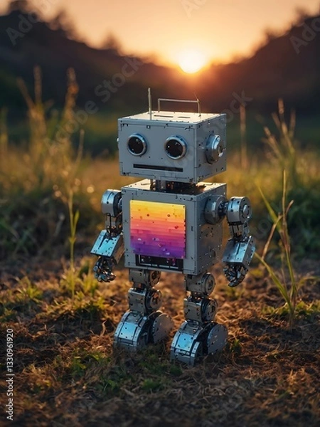 Fototapeta Pixelated Wonder: A Tiny Robot’s Sunset