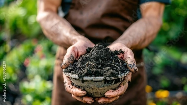 Fototapeta Close-up of hands holding soil in a bowl, with a male gardener wearing a brown apron in the background. Gardening concept, macro photography