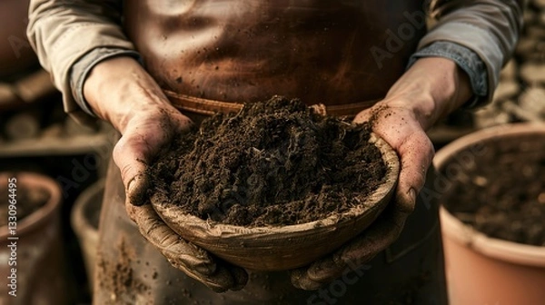 Fototapeta Close-up of hands holding soil in a bowl, with a male gardener wearing a brown apron in the background. Gardening concept, macro photography