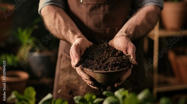 Fototapeta Close-up of hands holding soil in a bowl, with a male gardener wearing a brown apron in the background. Gardening concept, macro photography