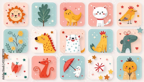 Obraz Cute illustrated animal and nature cards with playful designs and soft pastel colors. 