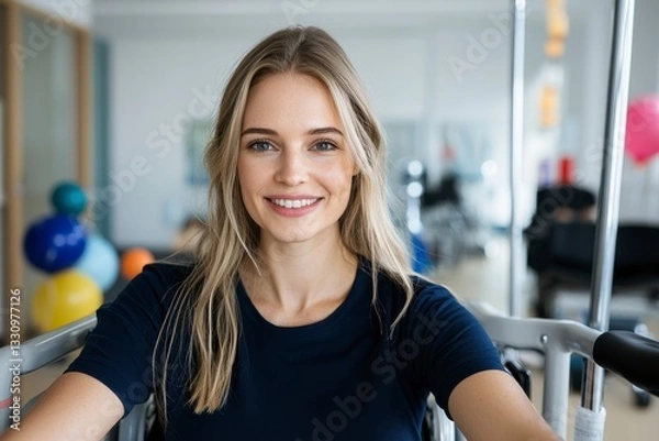 Fototapeta In a bright physiotherapy clinic, a dedicated healthcare professional offers compassionate support to a wheelchair-bound patient The therapist's expertise shines as they guide the patient through