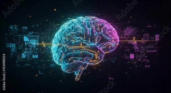Fototapeta Glowing digital brain with neural connections, circuits, and data nodes, symbolizing artificial intelligence, deep learning, and advanced computation