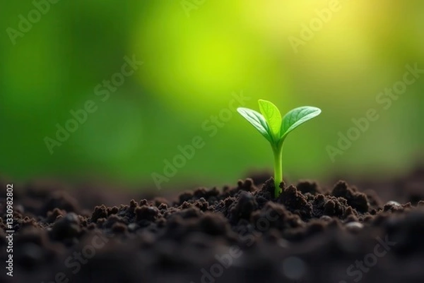 Fototapeta Delicate green shoots pushing through rich soil, vibrant new life , green, rebirth
