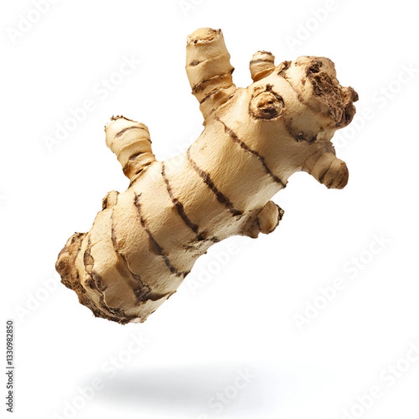Fototapeta Rough ginger root, beige with brown markings, floating on a white background.