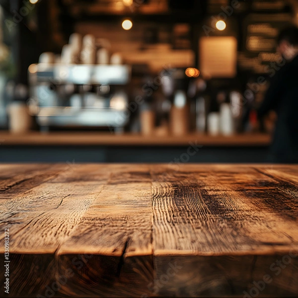 Fototapeta Rustic wooden table in a cozy cafe, with blurred coffee machines and cups in the background.