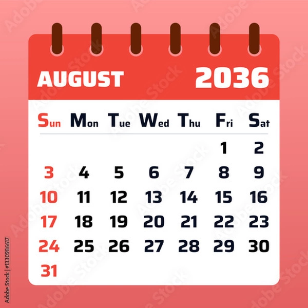Fototapeta August 2036 Calendar Template. Flat vector illustration monthly planner. August 2036 Calendar Layout. Tropical theme. Vector design