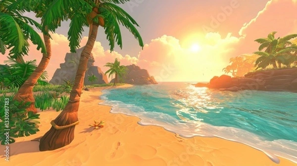 Fototapeta Golden sunlight bathes a tranquil beach, illuminating shimmering waves, soft sands, and a breathtaking coastal expanse of peace.