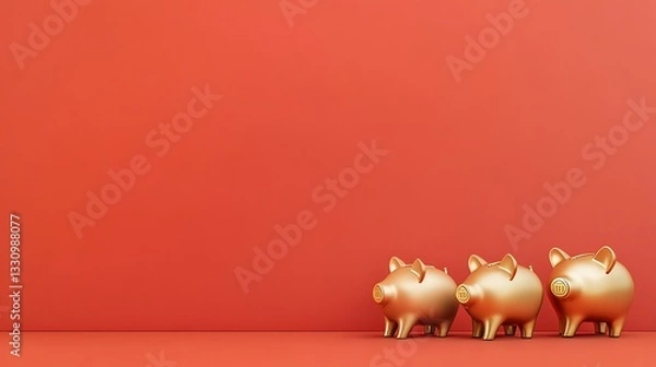Obraz Three Golden Piggy Banks on Red Background: A 3D Render AI Generated