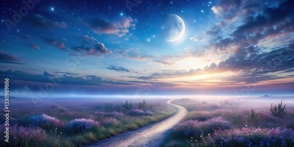 Fototapeta Serene Twilight Landscape A Winding Path Through Misty Meadow Underneath a Crescent Moon and Starlit Sky