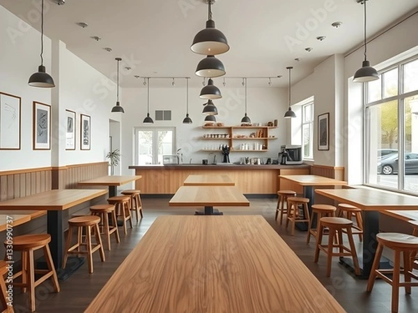 Fototapeta Spacious cafe interior with wooden tables and warm lighting empty and inviting, generative AI