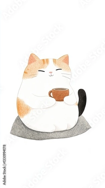 Fototapeta Cute Cartoon Cat Enjoying a Warm Beverage on a Cozy Cushion with a Minimalist White Background