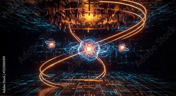 Obraz Abstract quantum computing visualization with glowing qubits, energy waves, and a futuristic grid, symbolizing superposition, entanglement, and advanced computation.