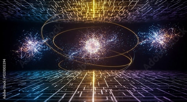 Obraz Abstract quantum computing visualization with glowing qubits, energy waves, and a futuristic grid, symbolizing superposition, entanglement, and advanced computation.