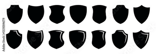 Fototapeta Shields set. Collection of security shield icons with contours and linear signs. Design elements for concept of safety and protection.  Vector illustration.