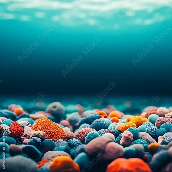 Fototapeta A vibrant underwater scene showcasing diverse coral formations in various colors, set against a tranquil blue background.