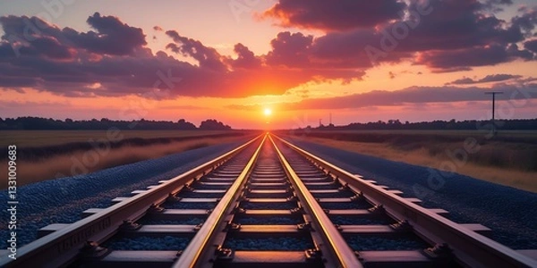 Fototapeta Railway line in rural landscape during vibrant sunset with glowing sky and symmetrical track alignment, symbolizing journey, hope, and endless possibilities

