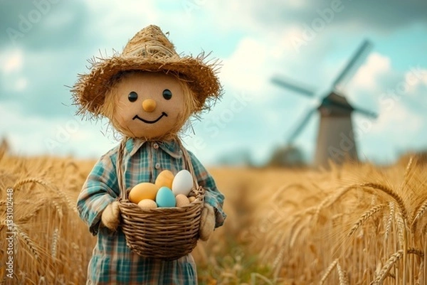 Obraz Rustic Easter scarecrow holds pastel eggs in a golden wheat field near a windmill