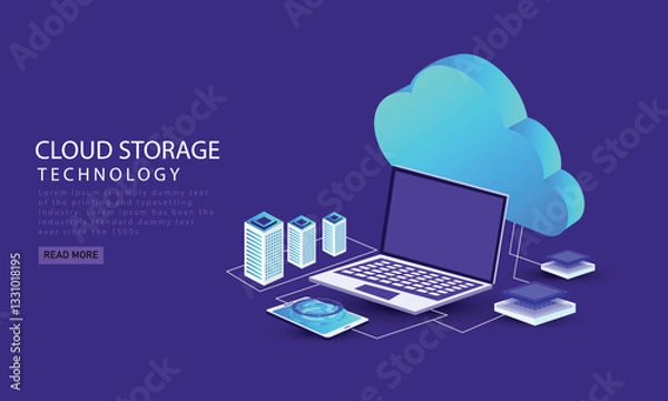 Fototapeta Cloud storage isometric illustration. Data server platform. Computer service technology