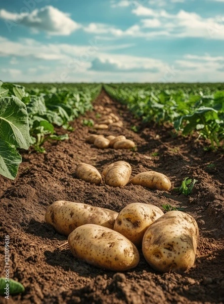 Fototapeta Potatoes on field row, sunny day