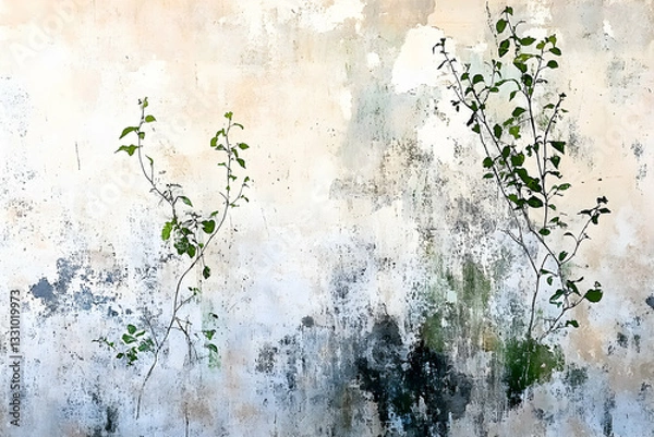 Fototapeta Weathered wall with delicate green vines, creating a serene and textured background. Perfect for design projects, websites or print.