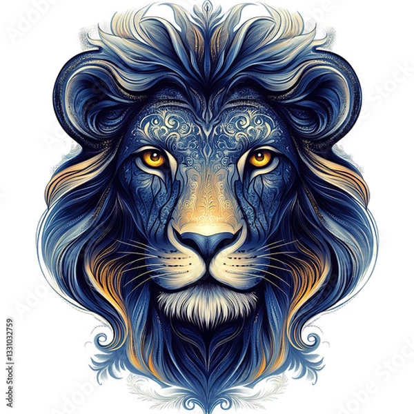 Fototapeta This is a stylized, artistic digital illustration of a majestic and intricate lion head with striking colors and patterns.
