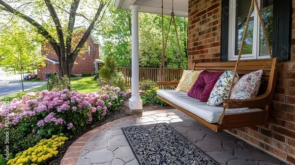 Obraz Cozy Front Porch with Floral Decorations and Swinging Bench