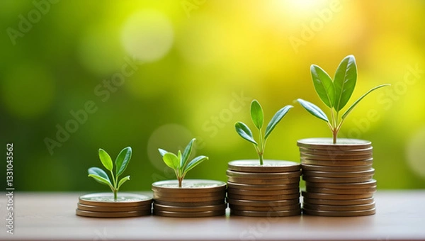 Obraz Three stacks of coins of different heights, each with a small green sprout growing on it. In the background, there is a blurred green background with bright light, creating a feeling of sunlight.