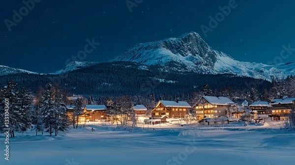 Fototapeta Winter Wonderland Landscape With Cozy Lit Houses, Snow-Covered Mountains And Trees Under A Starry Night Sky.