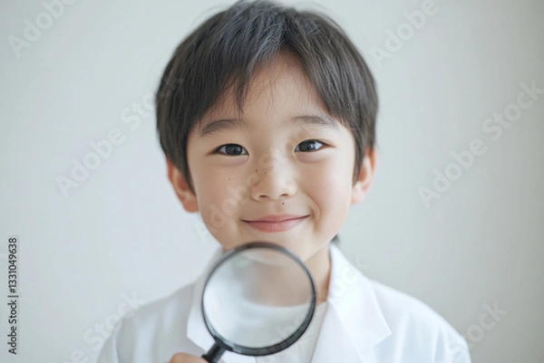Fototapeta 虫眼鏡を覗く白衣の男の子